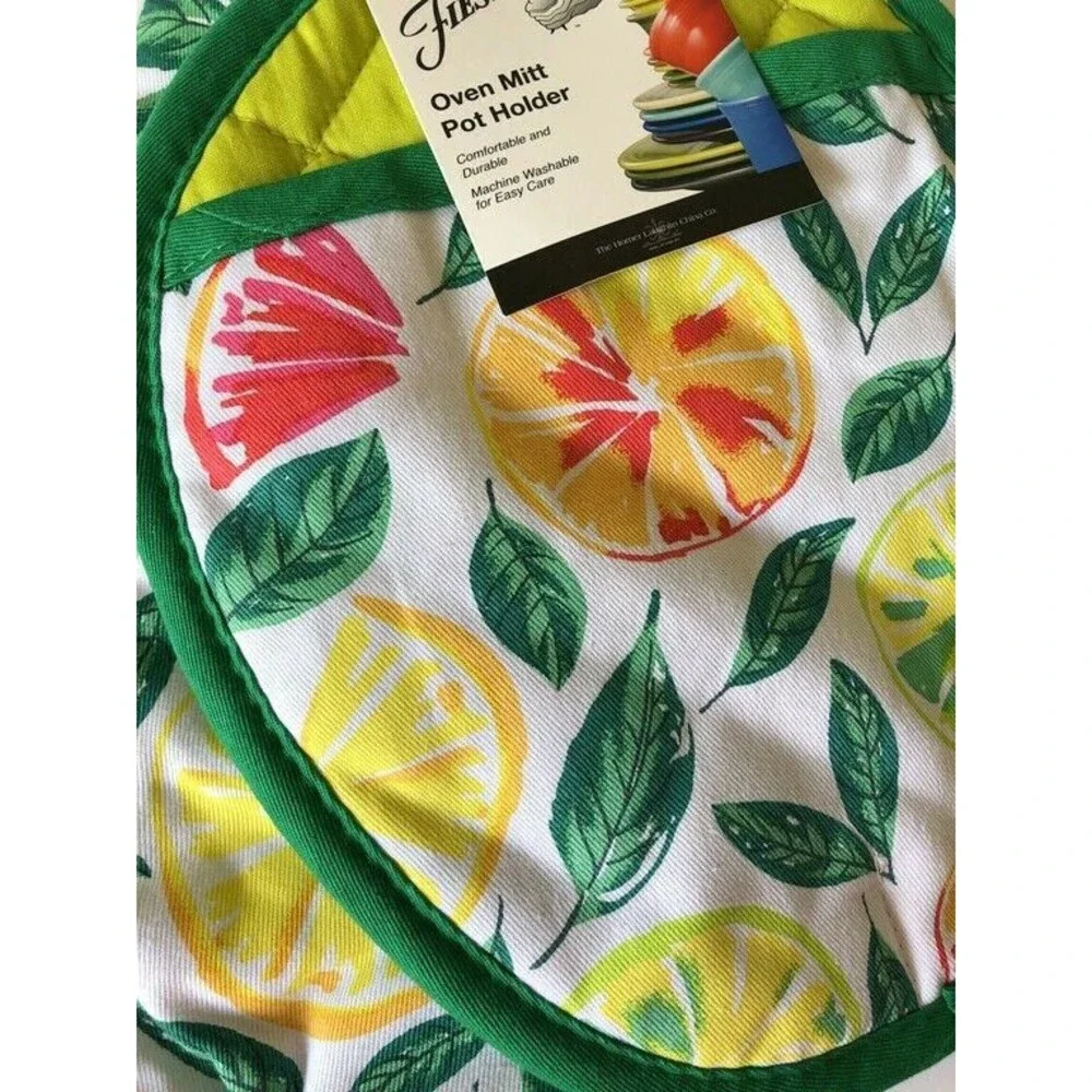 Fiesta Kitchen Potholder Oven Mitt Citrus Lemons Grapefruit Set of 2 Cotton
